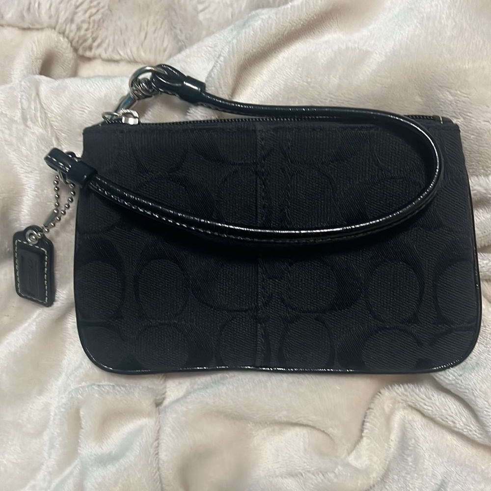 COACH Signature C Wristlet, Small Black Jacquard Canvas and Patent Leather